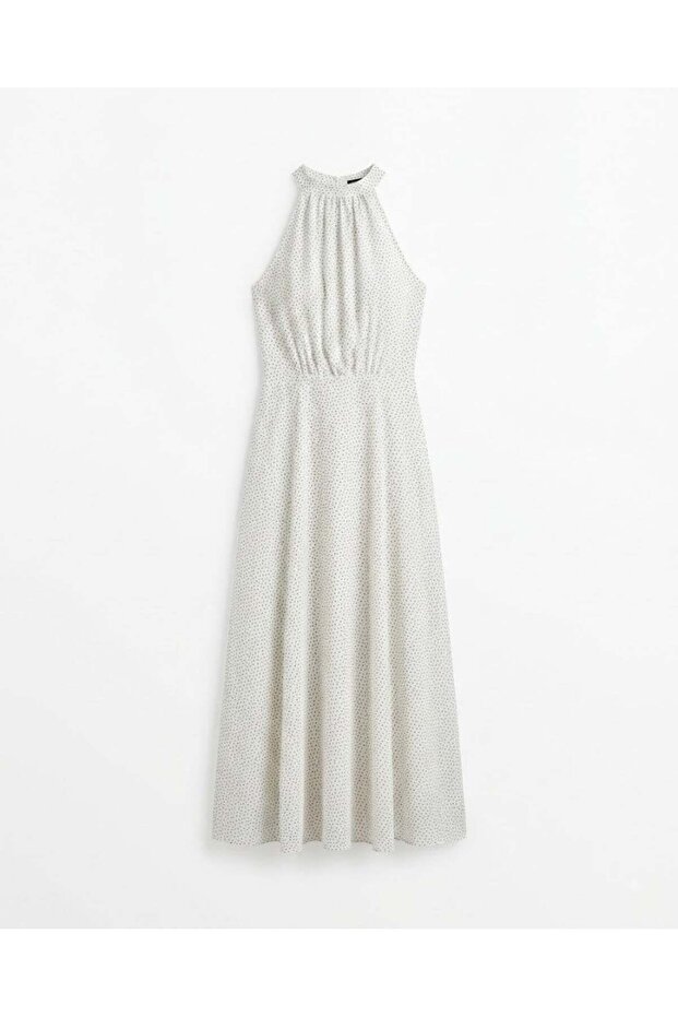 Ecru Polka Dot Belted Chiffon Dress