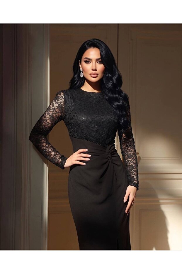 Imported Lace and Crepe Fabric Beaded Embroidered Slit Lined Special Design Maxi Dress