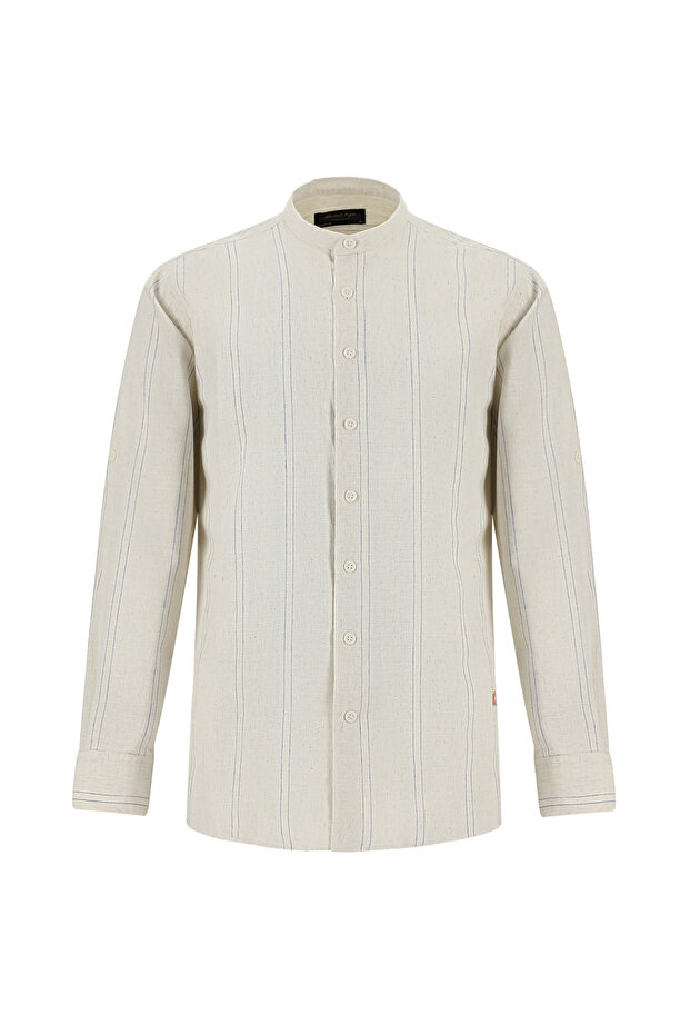 Long Sleeve High Collar Regular Fit Striped Sports Linen Shirt