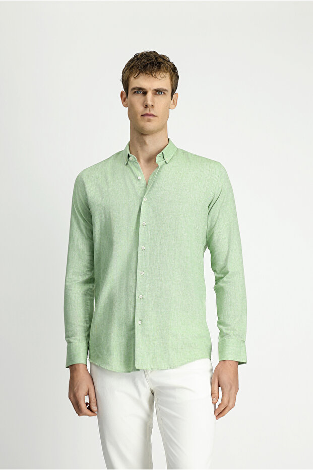 Long Sleeve Slim Fit Cotton Linen Buttoned Collar Shirt
