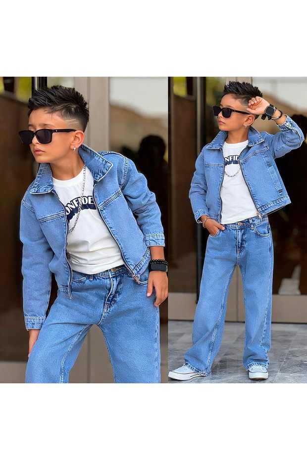 Boy's 3-Piece Denim Set Jean Jacket Shirt T-Shirt Trousers Denim Oversize Combination 3-10 Years