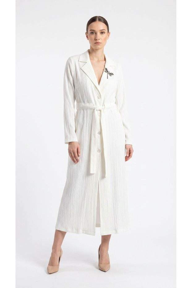 Long Belted Summer Dress with Brooch Detail on the Outer Layer in White (Choose 1 Size Larger)