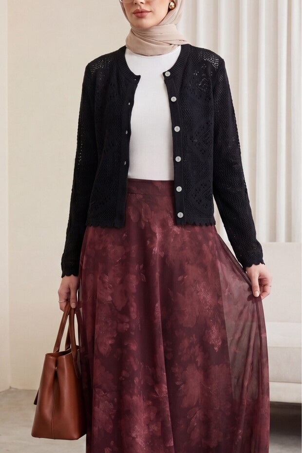Geometric Patterned Openwork Buttoned Knitwear Cardigan - Black