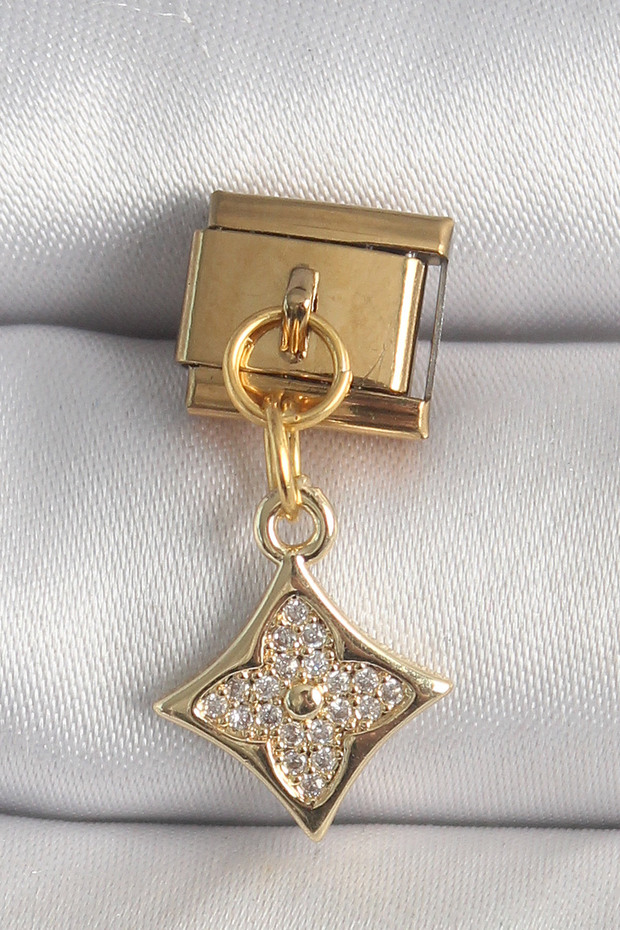 Stylish 316L Steel Gold Color Dangle Zircon Stone Flower Embellished Nomination Charm Teachers Mothers S