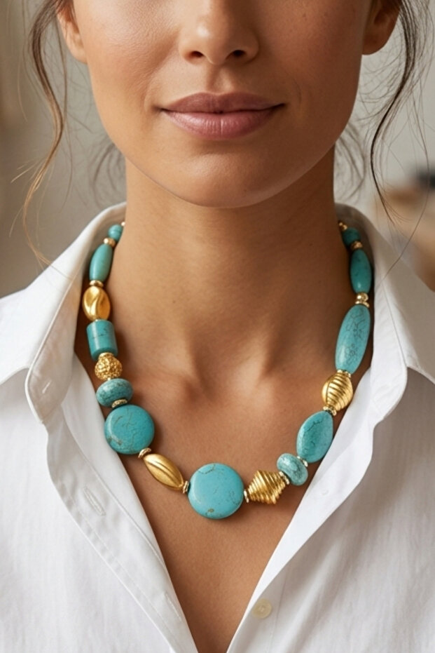 Turquoise Natural Stone Gold Detail Design Necklace