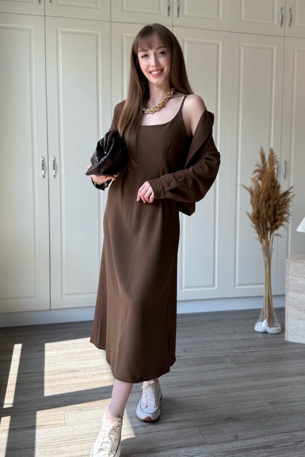 Draped Chest Detail Shirt Dress Brown Set