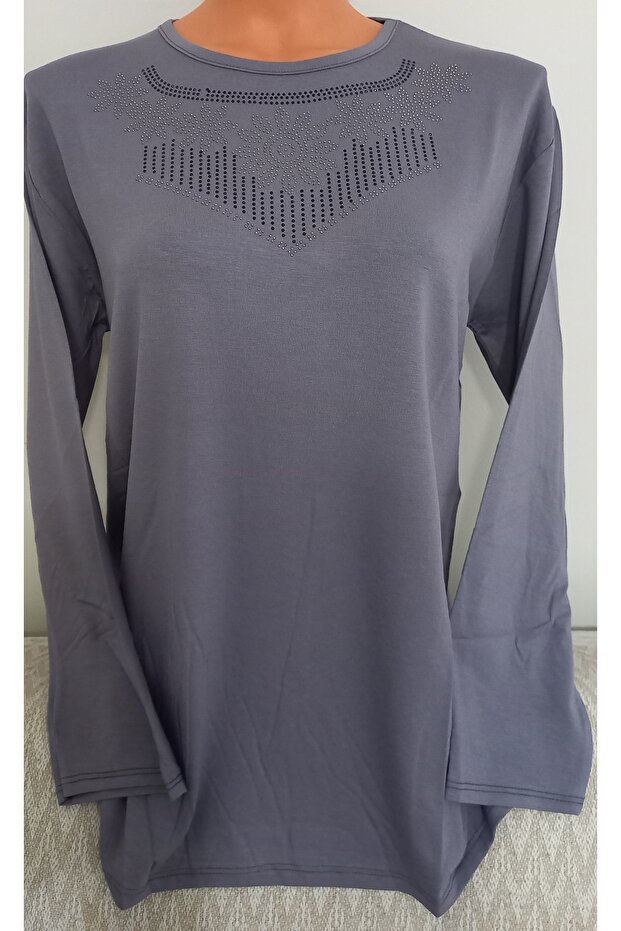 Er Clothing Combed Cotton Blouse Long Sleeve Crew Neck Stone Gray