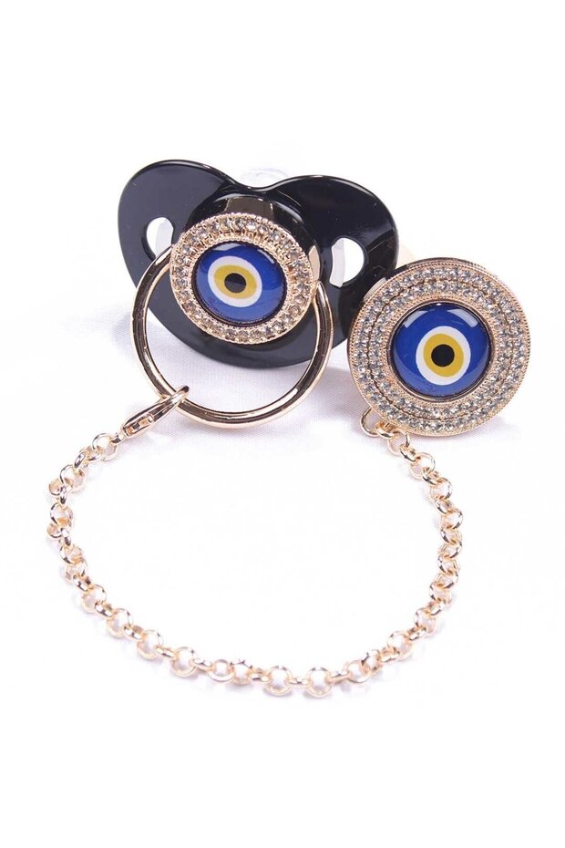 Black Gold Evil Eye Beaded Stone Chain Pacifier