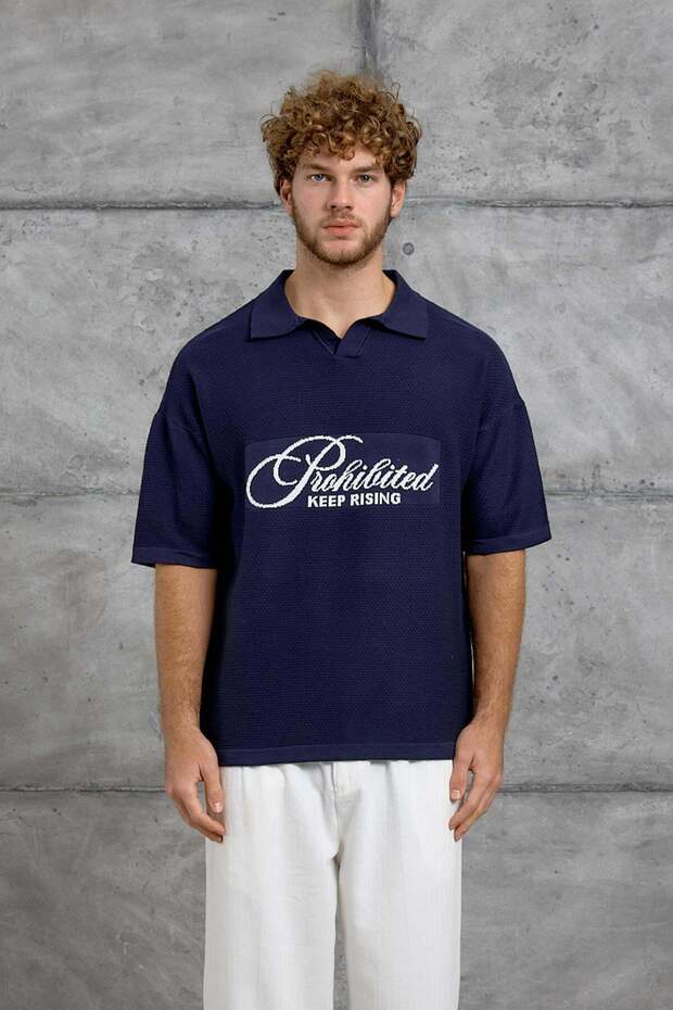 Men's T-Shirt Dp Keep Bakili Tri̇ko Navy Blue Oversize Polo Collar Knitwear