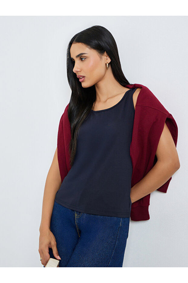 Blue Solid Round Neck Cami Top - 1