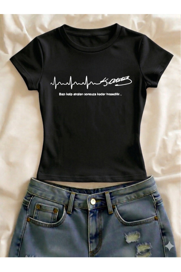 Ataturk Printed Lycra Slim Fit Short Sleeve Crew Neck Tee Crop