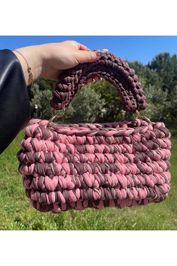 Handmade Knitted Brown Pink Women's Handbag