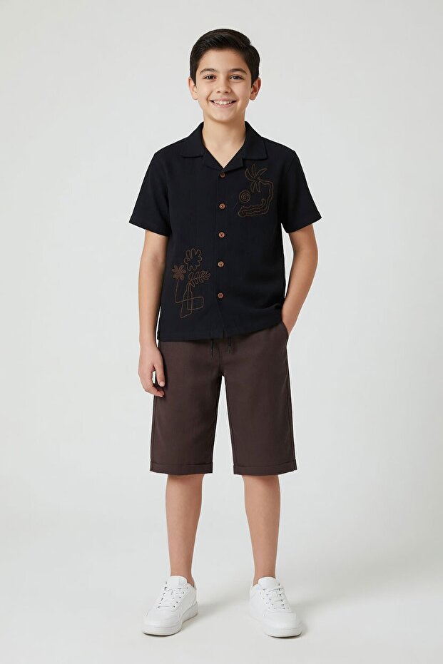 Black Linen Shirt and Elastic Waist Shorts Boys Palm Tree Patterned Suit 23989