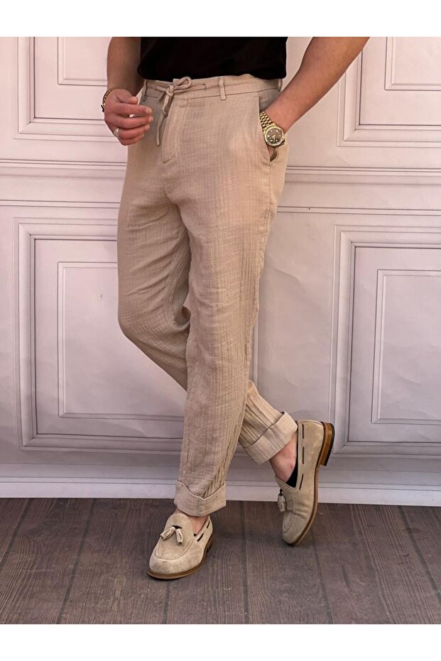 Wrinkled Fabric Gray Linen Trousers