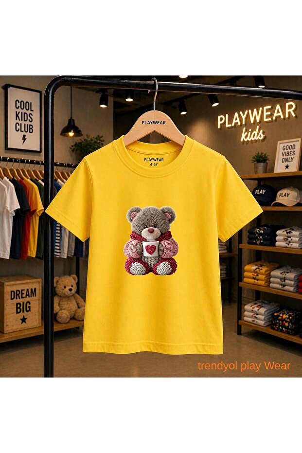 Coffee Drinking Bear Printed 100% Kids' Unisex T-Shirt 5 6 -7 8-9 10 -11 12 Years Old