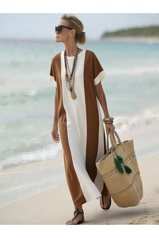 Women's Short Sleeve Crew Neck Long Single Jersey Dress