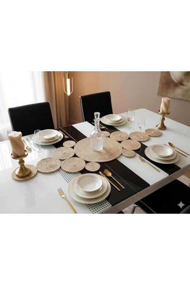 Handmade Jute Runner - Modern Round Motif Wicker Tablecloth 100cm Length 37cm Width