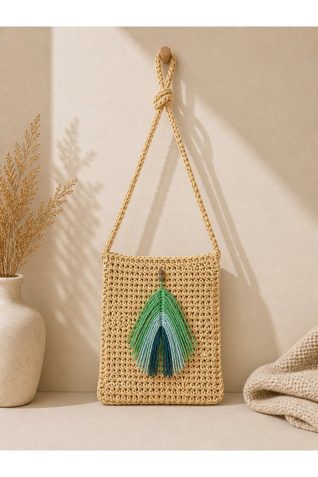 Hand Knitted Straw Mini Bag - Women's Shoulder Bag with Tassel Detail, Bohemian Style, Summer Handmade Bag