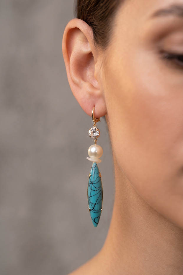 Pearl and Turquoise Acrylic Shuttle Earrings 8 Cm.