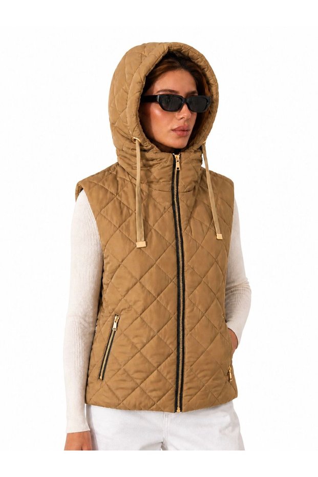Women's Camel Hooded Quilted Puffer Vest with Zipper, Casual and Comfortable
