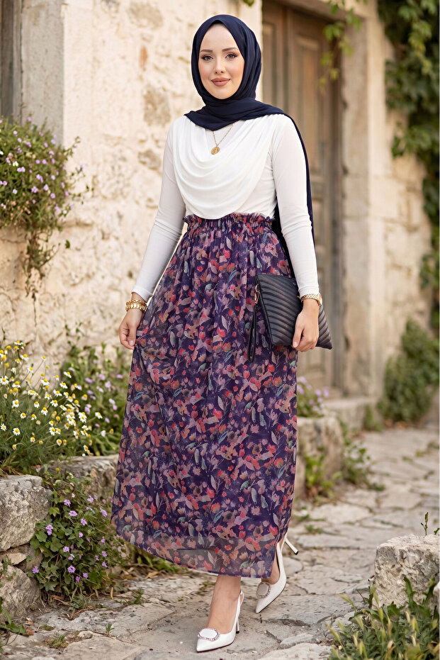 Floral Patterned Chiffon Tulle Skirt with Elastic Waist Navy Blue