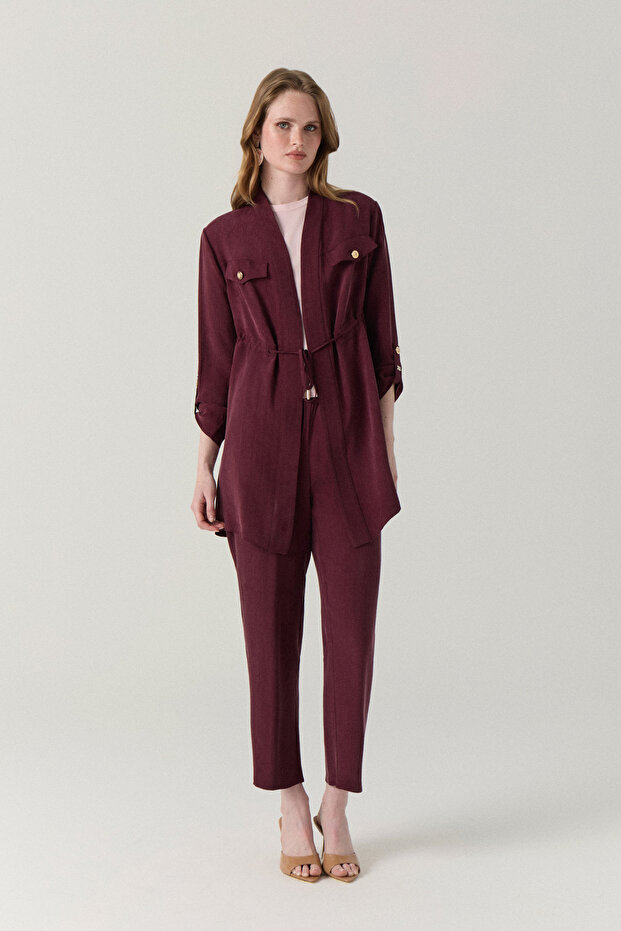 Flowy Burgundy Suit with Belted Flap Pockets 1212
