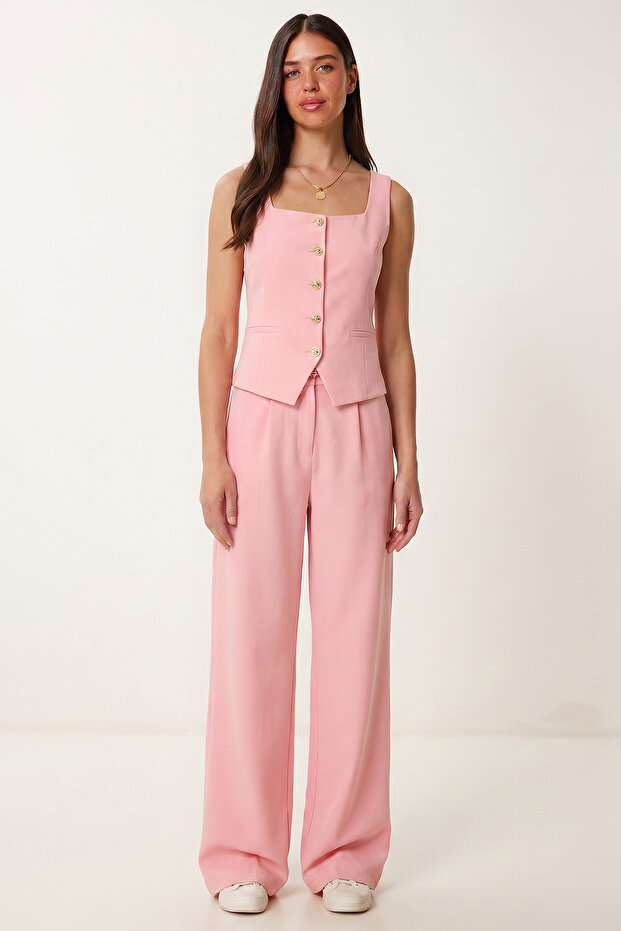 Gold Buttoned Woven Vest-Pants Set Laz0004 Pink