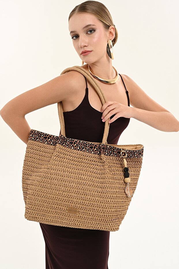 Women's Tan Leopard Detailed Straw Shoulder and Beach Bag