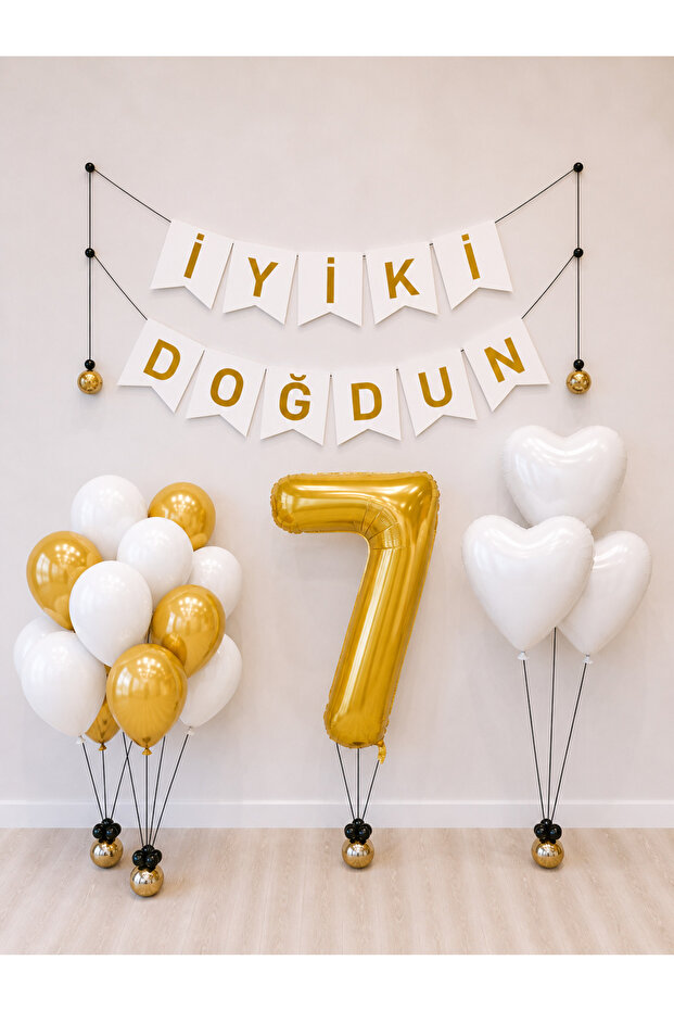 Happy Birthday White Gold Balloon Set -7-