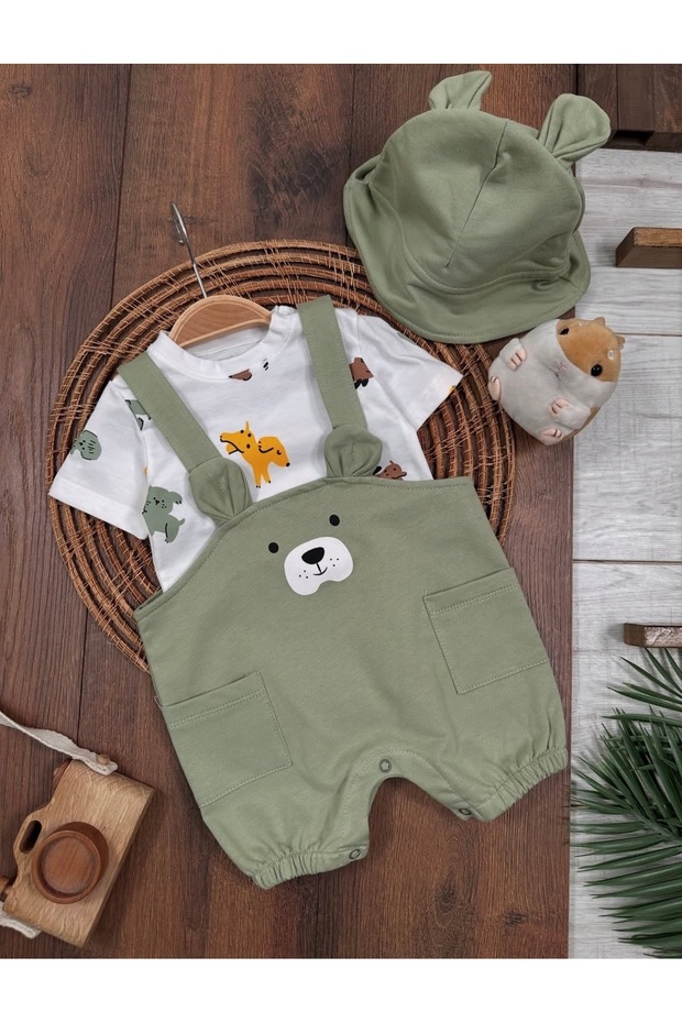 Dog Printed Hat, Snap-On Shoulder Bodysuit and Summer Salopet Baby Boy Set