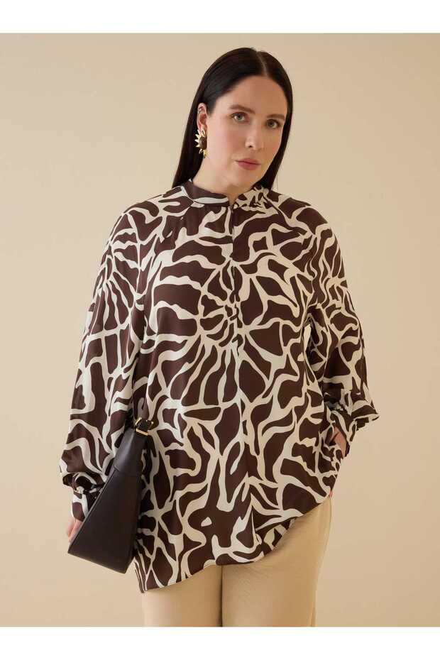 Brown Ecru Patterned Plus Size Tunic - - 2