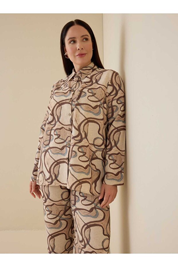 Abstract Patterned Shirt & Trousers Plus Size Set - Brown Abstract Pattern - - 5