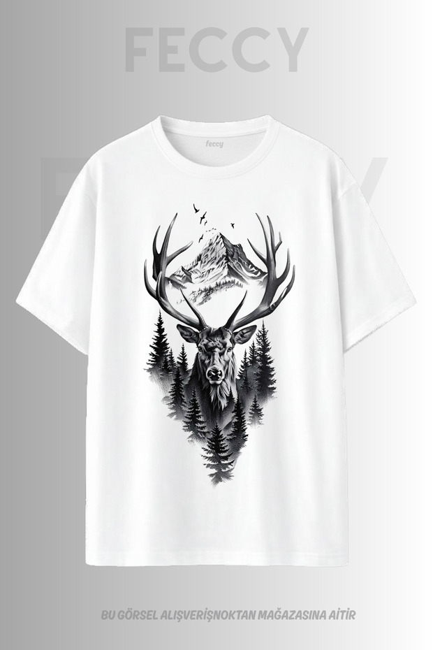 Premium Deer Printed Hunter Theme Unisex Oversize Women's T-Shirt Men's T-Shirt Cotton Oversize T-Shirt