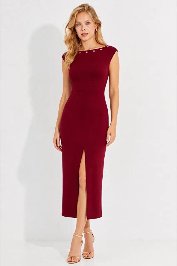 Burgundy Front Slit Midi Length Pencil Dress