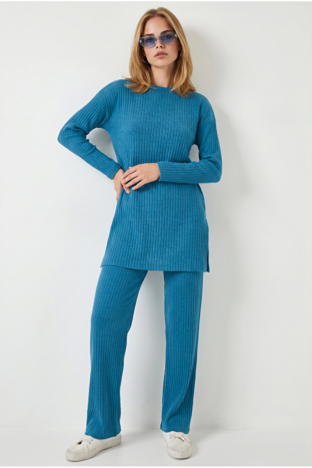 Women's Indigo Ribbed Knitted Top and Bottom Set Tkm-19000497