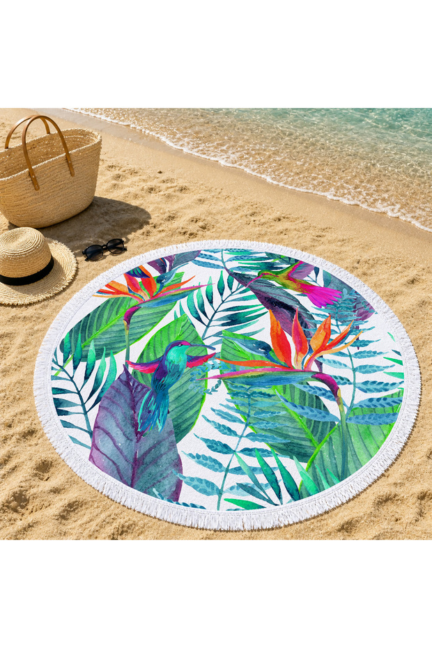 150 cm Round Beach Towel with Tropical Bird and Leaf Pattern on White Background