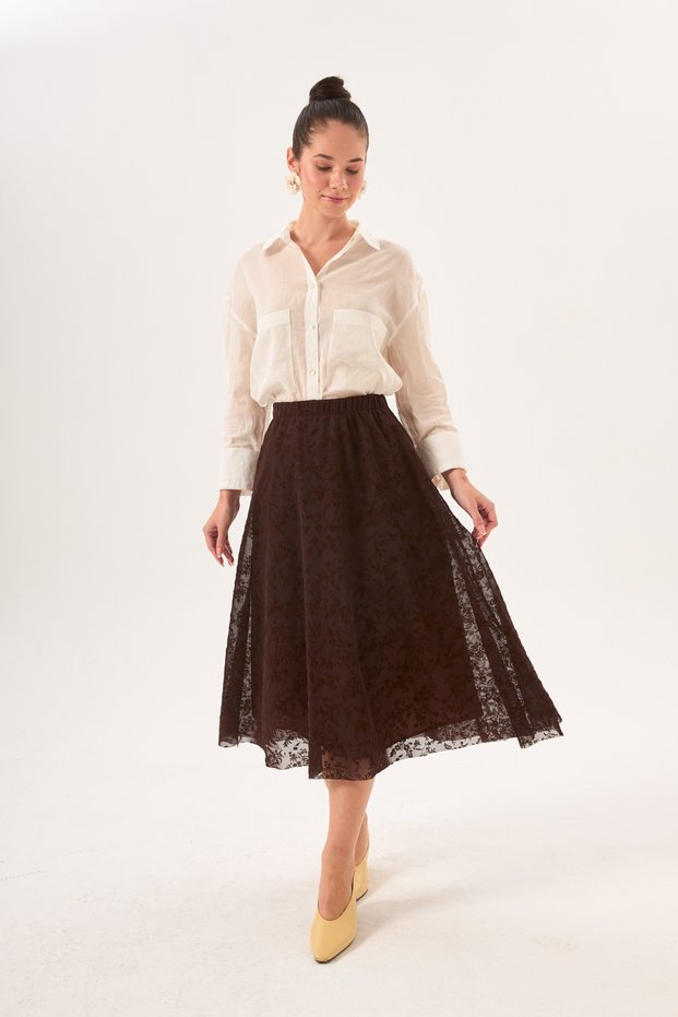 Brown Floral Patterned Knee-Length Tulle Skirt with Elastic Waistband