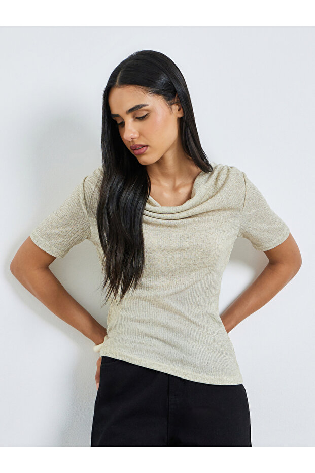 Green Textured Cowl Neck Linen Look T-Shirt