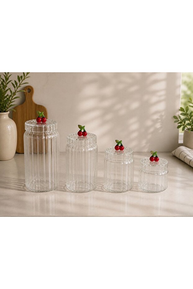 Set of 4 Borosilicate Glass Optical Striped Jars with Cherry Lids 630 -800-1100-1500 ml