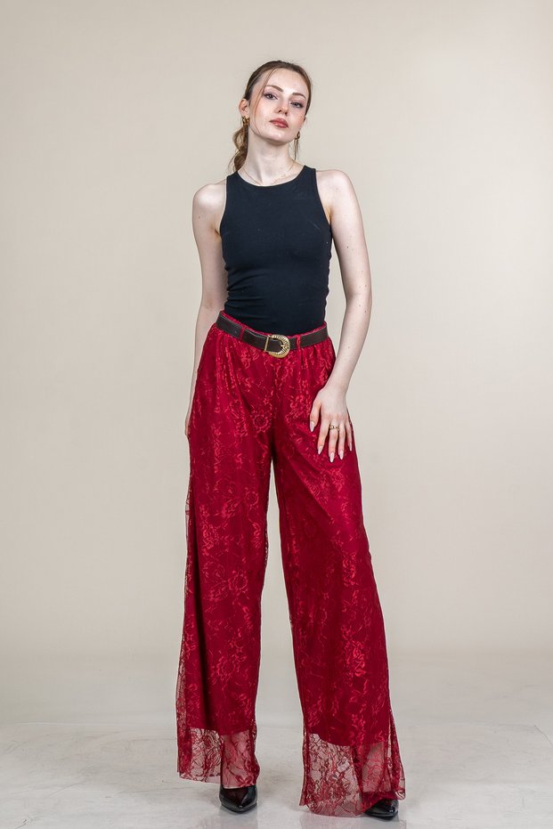 Women's Summer Burgundy Bella Tulle Lace Lined Straight-Leg Stylish Casual Comfortable Trousers 30363