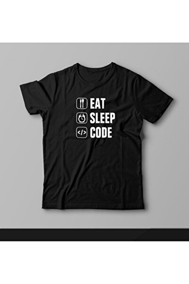 تي شيرت أسود مطبوع عليه شعار Eat Sleep Code من donamod