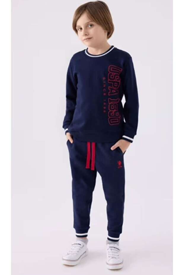 Boy's vertical print detailed long sleeve tracksuit set 9-15 years navy - red