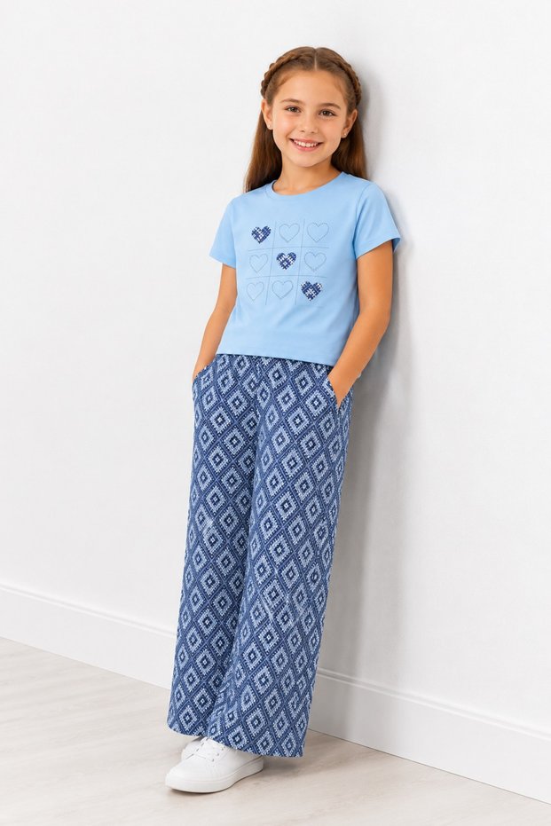 Girl's Patterned Wide-Leg Pants Set with Crew Neck, Casual Comfortable Combination