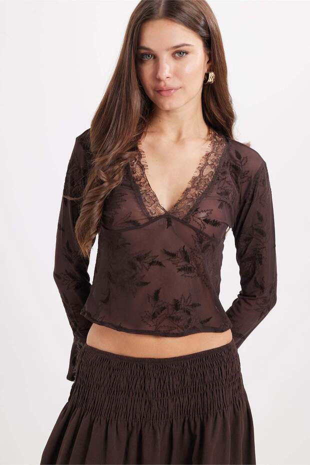 Women's slim fit v-neck long sleeve brown blouse with lace detail