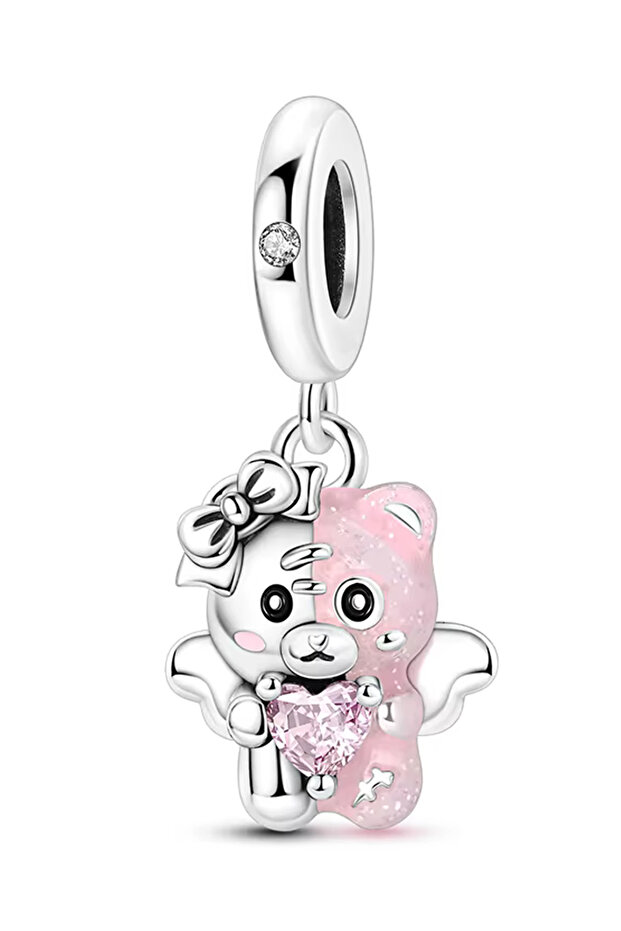 Pink Silver Sweet Teddy Bear Dangle Charm