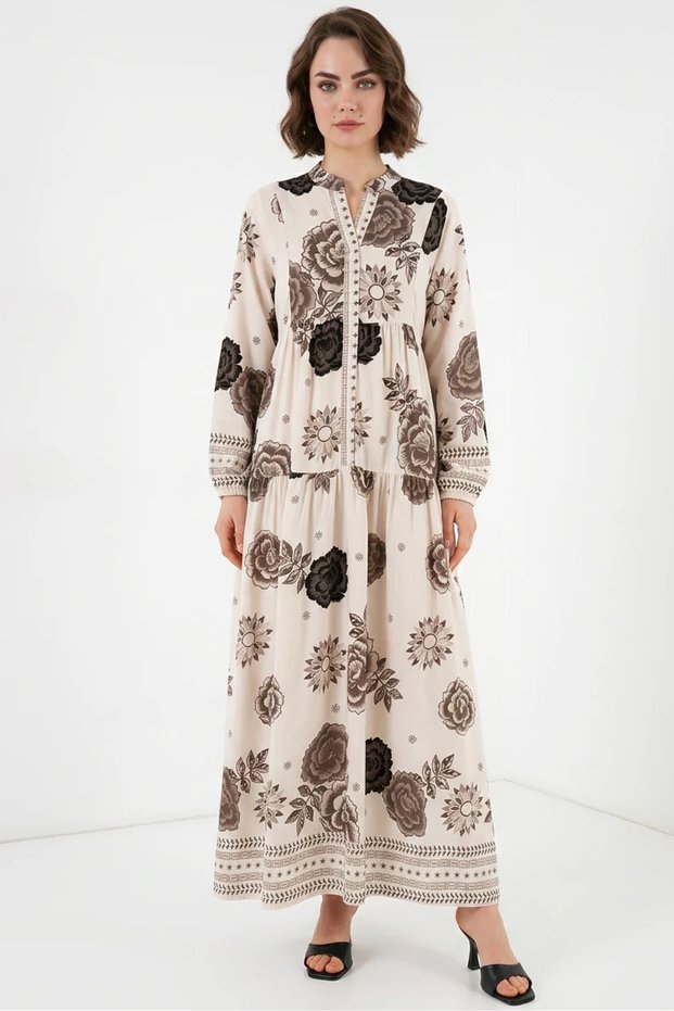 Women's Shirt Collar Gathered Waist Floral Patterned Viscose Ivory Beige Hijab Dress