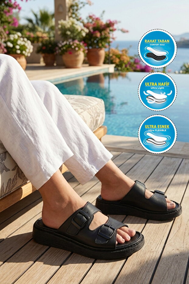 Black Genuine Leather Women's Slippers 12507 Z