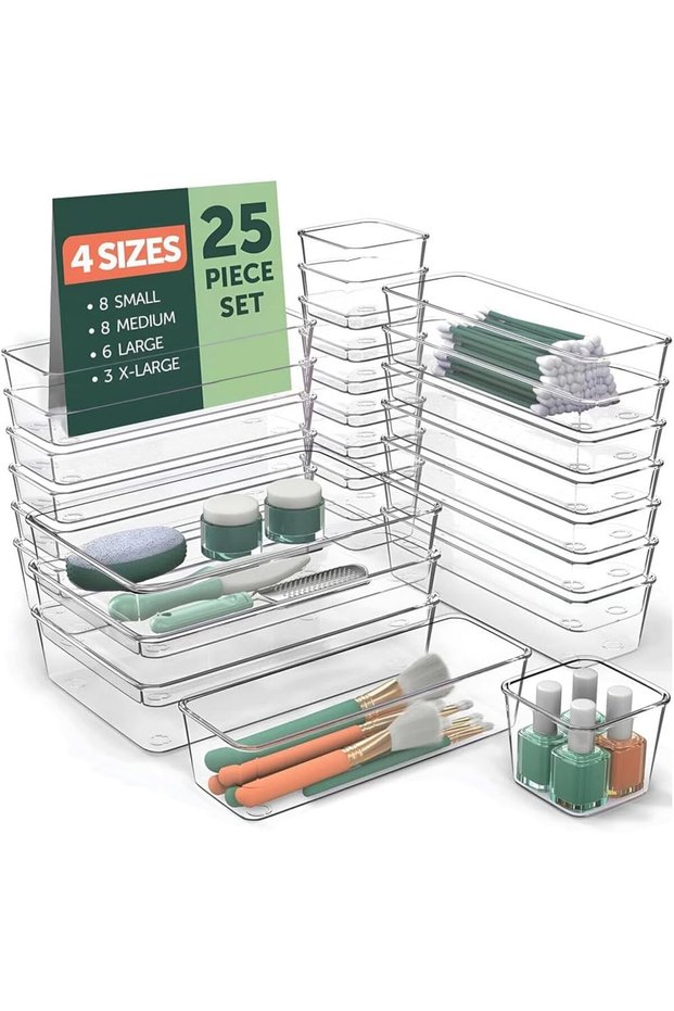 Drawer Organizer 25-Piece Clear Set - Plastic Storage Bins with 4 Sizes, Non Slip Pads, Storage Drawer Dividers Set for Fridge Organizer, Bathroom, Vanity, Makeup Organizer & Office