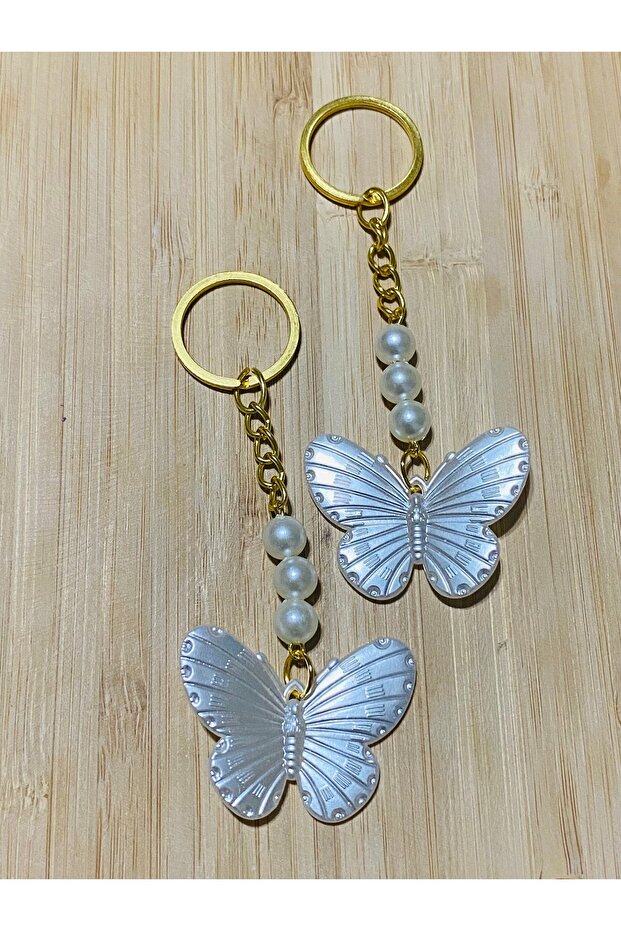 Butterfly Model (Gold, Cream) Keychain with Pearls, 2 Pieces