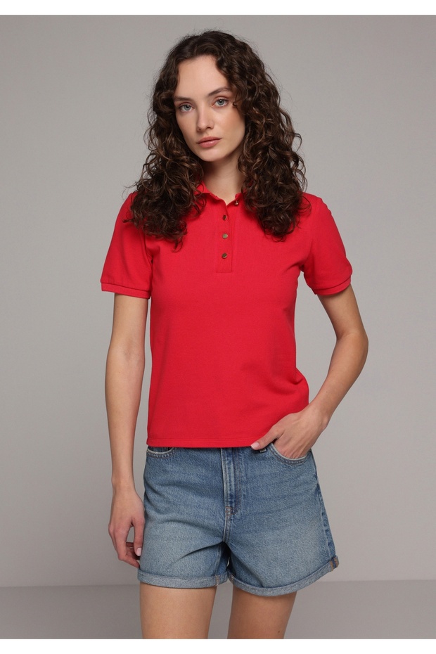 Slim Fit Polo Neck Plain Women's Red Short Sleeve T-Shirt